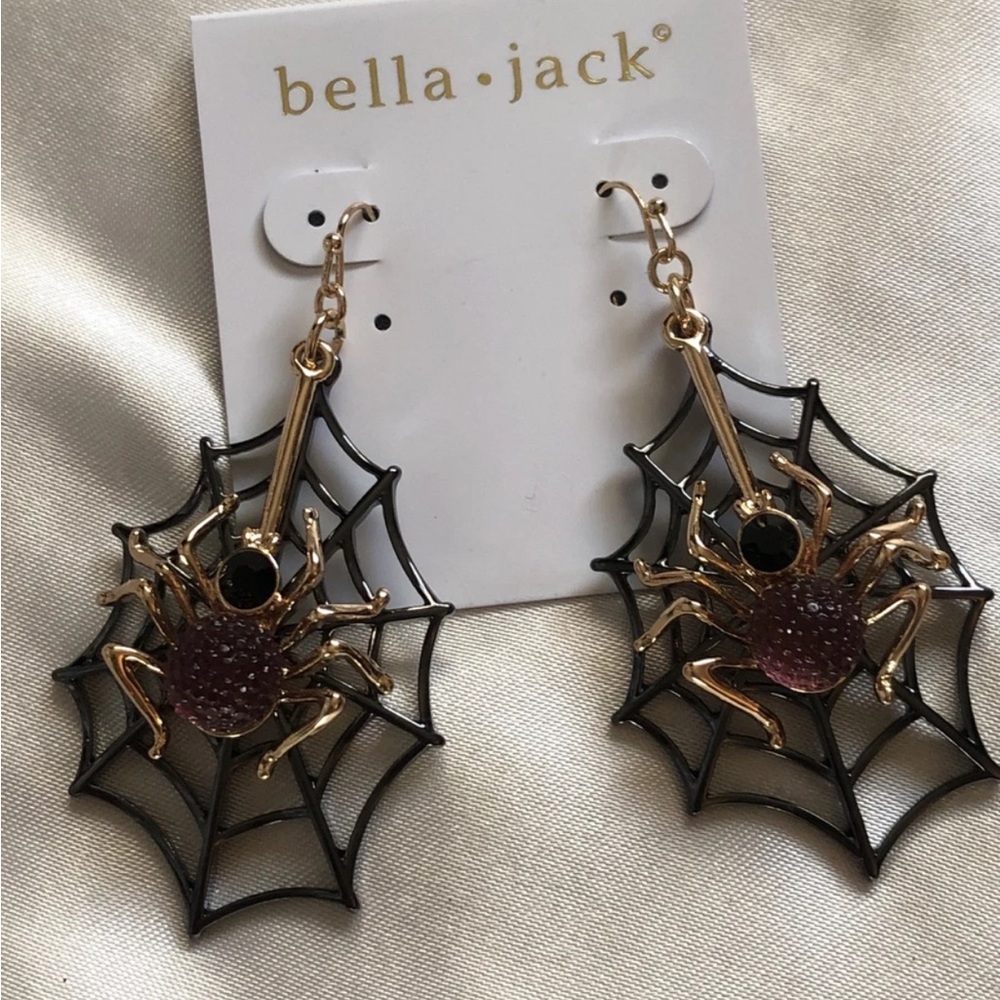 Bella & Jack Two Tone Spider Web & Spider Drop Earrings Crystal Accents NWT